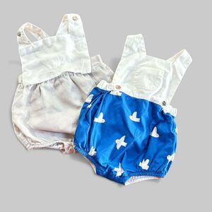 Jacadi Paris Baby Romper Overalls 3M 60cm Blue White Linen Cotton Unisex